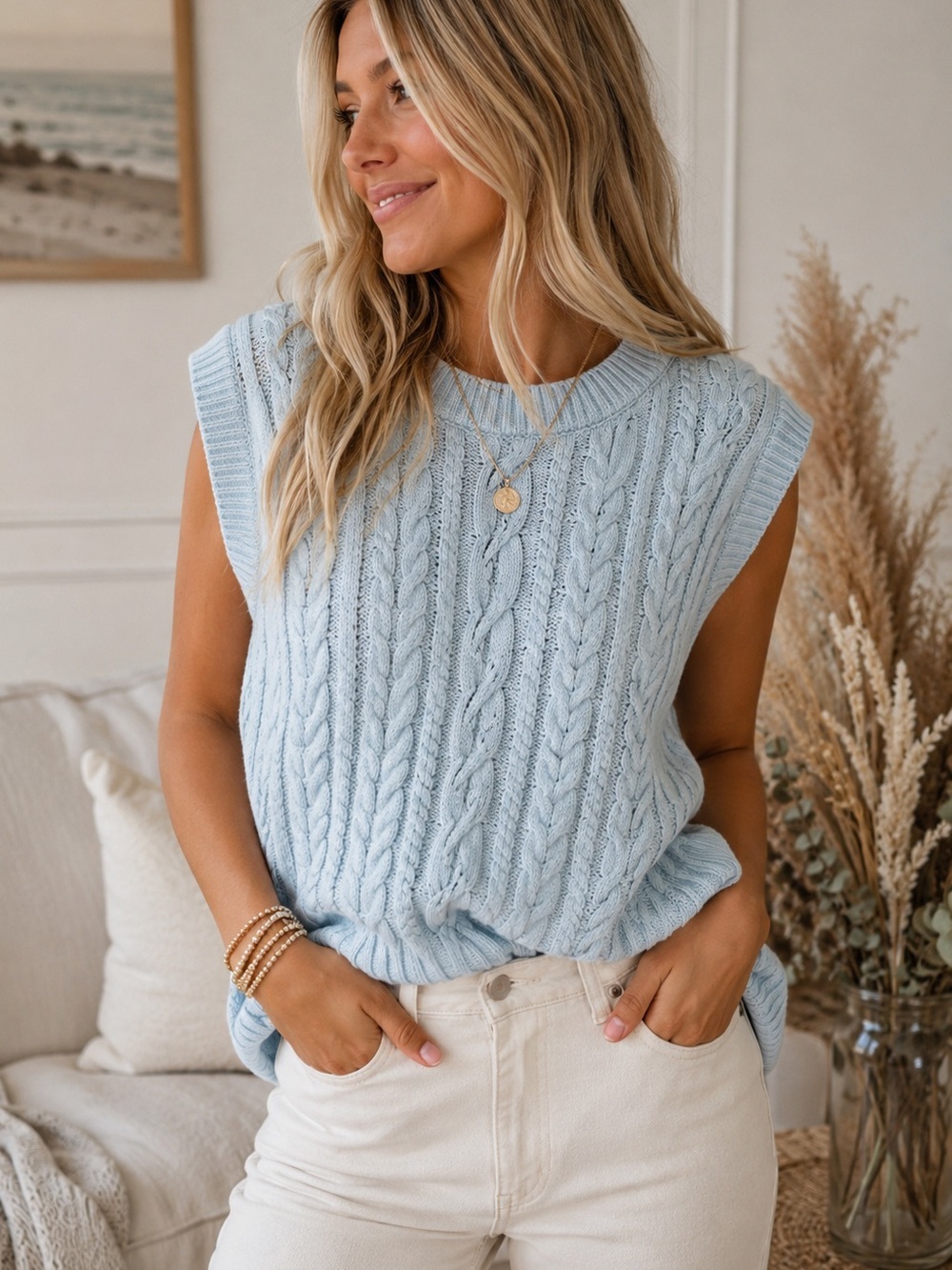 Abercrombie & Fitch Cable Knit Sweater Vest Light Blue | Small | Cottagecore